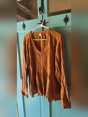 Old Navy Burnt Orange V-Neck Long-Sleeve Peasant Top